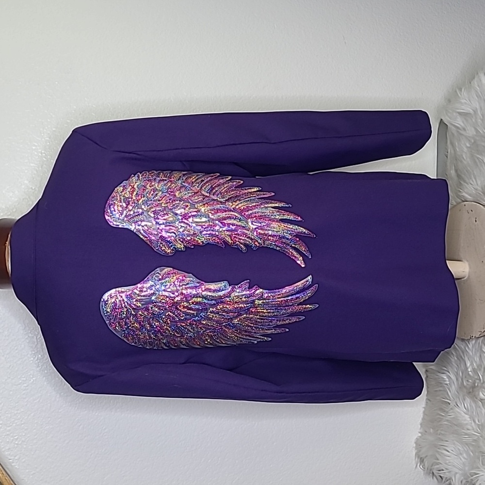 Jacket Blazer Size 16 Tall Purple Iridescent Angel Wing Embellished Back Unique - Picture 1 of 6